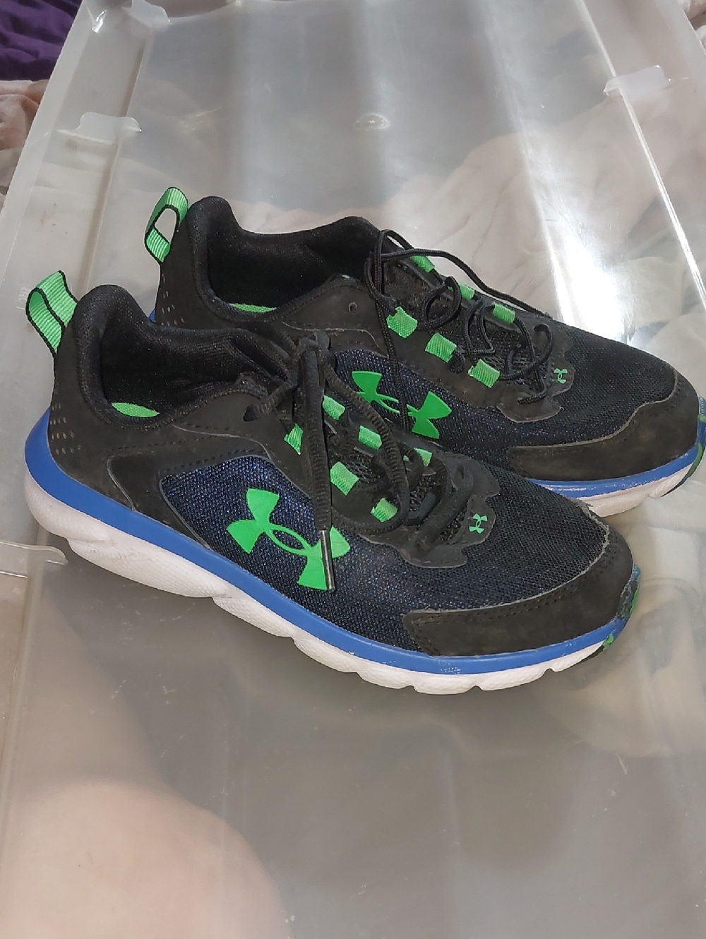 Under Armour Kids Black Sneakers with Green Logo and Blue Trim